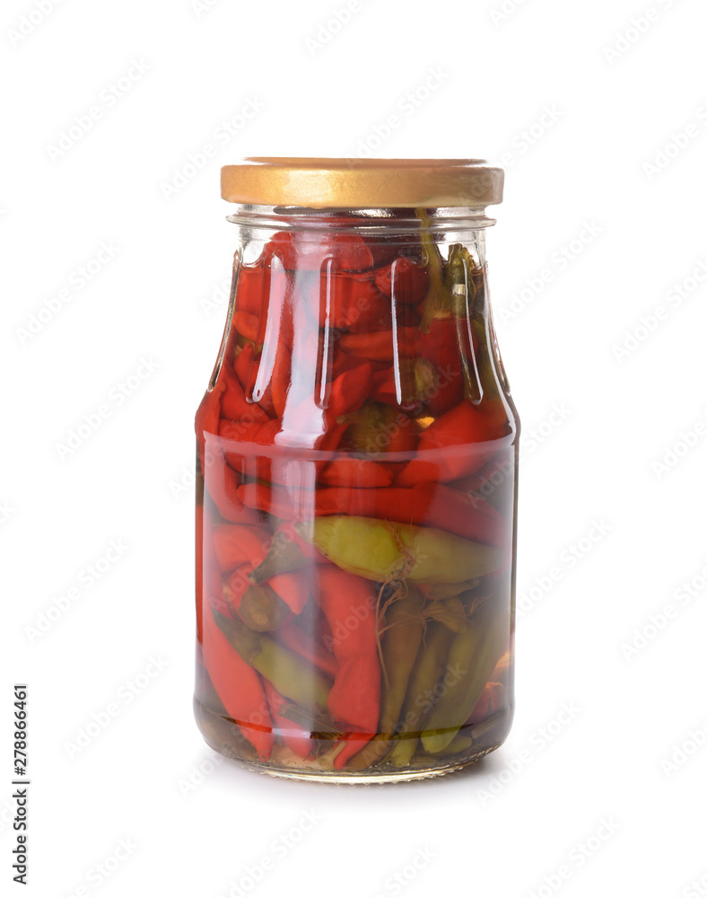 Jar with canned chili pepper on white background Jar with canned chili pepper on white background