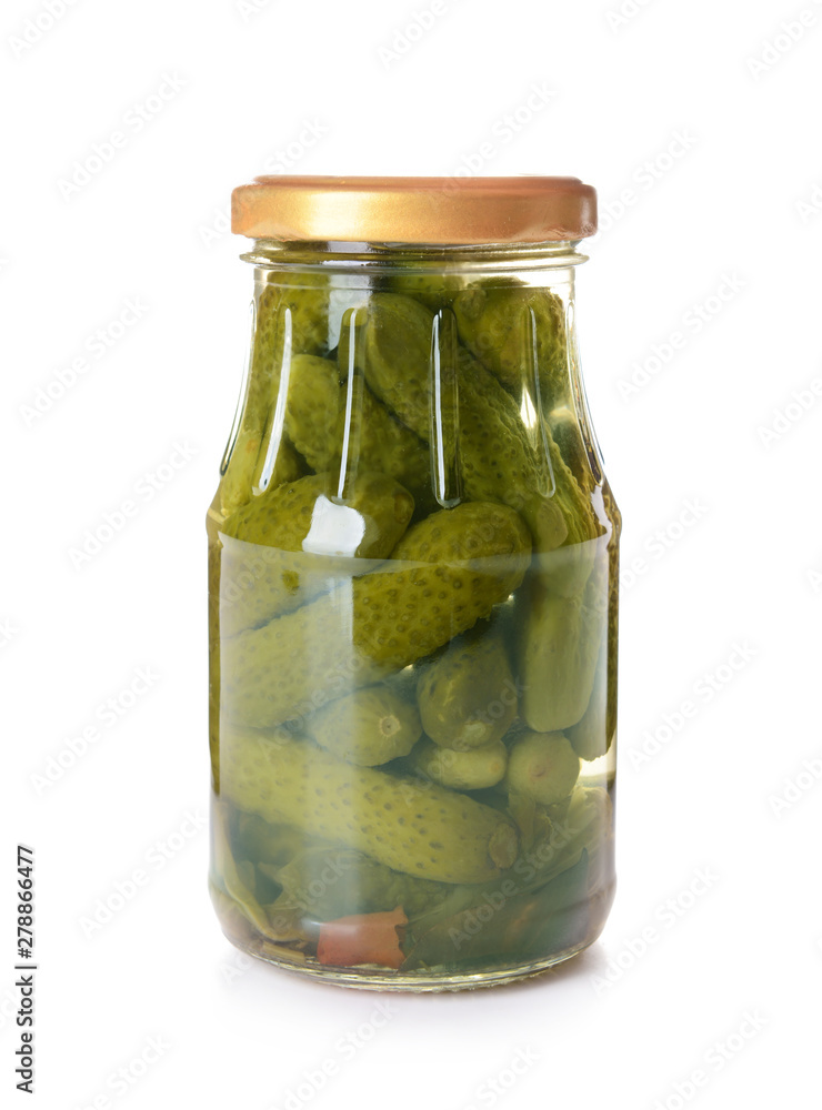 Jar with canned cucumbers on white background Jar with canned cucumbers on white background