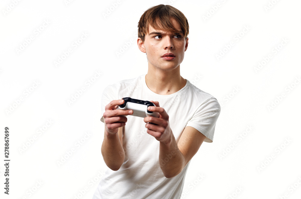 guy in a white T-shirt with a joystick guy in a white T-shirt with a joystick