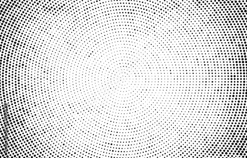 Abstract radial halftone texture. Monochrome background of black dots on white.