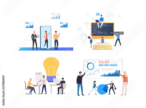 Set of business people analyzing diagrams. Flat cartoon characters planning work and discussing strategy. Can be used for commercial, guideline, leaflet