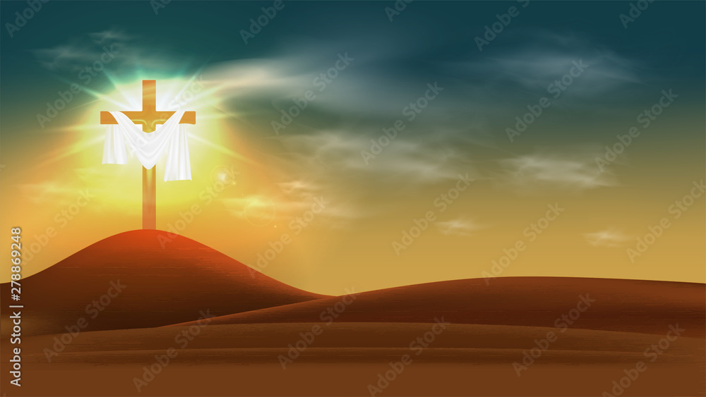 Christian religious design for Easter celebration. Resurrection of Jesus Christ. The dawn of the new morning and the cross is empty. Vector illustration