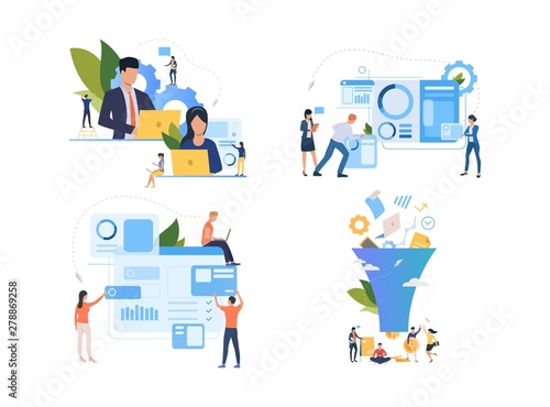 Set of programmers working on website. Male and female cartoon characters creating web page of company. Vector illustration for presentation, commercial, application
