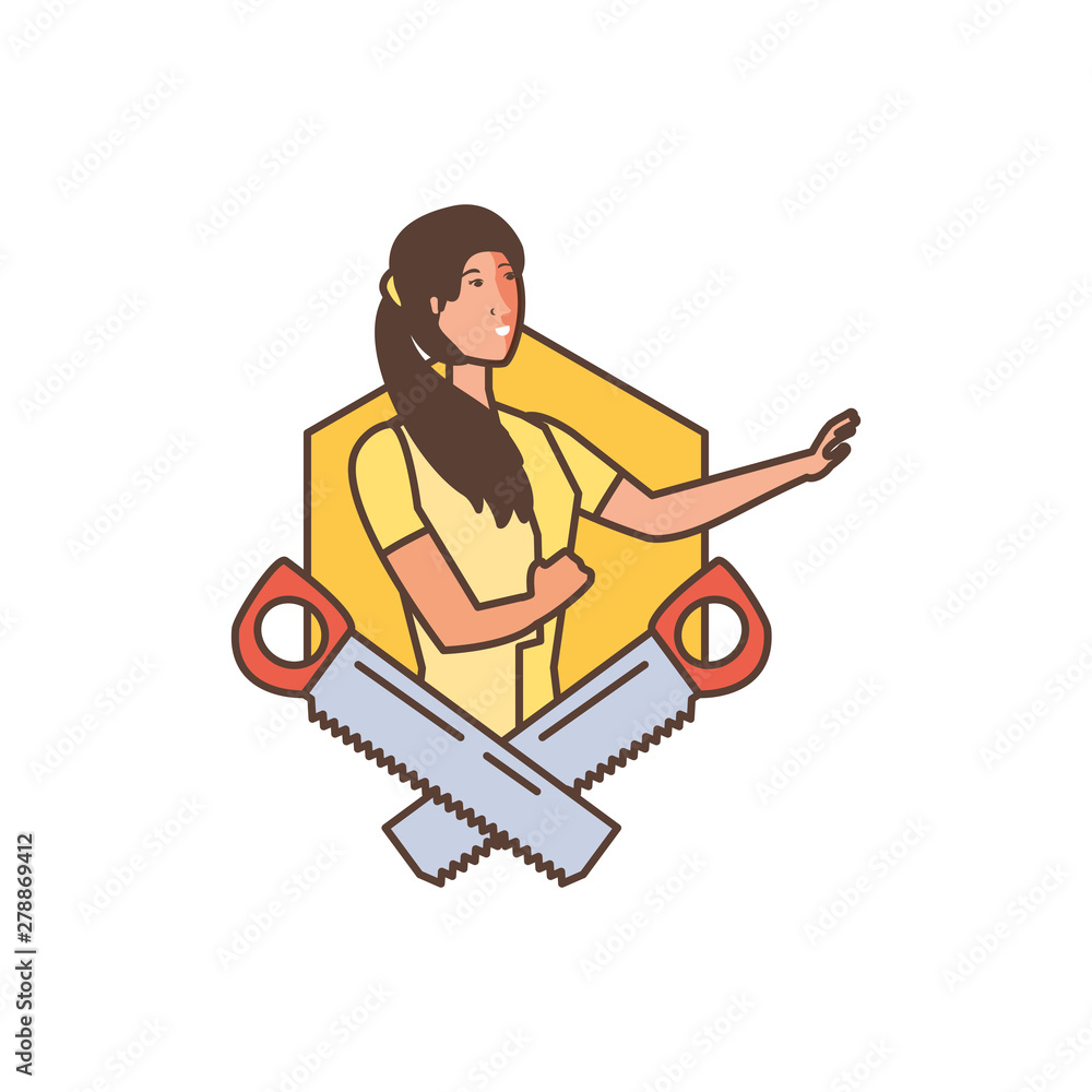 worker construction woman with saw tool worker construction woman with saw tool