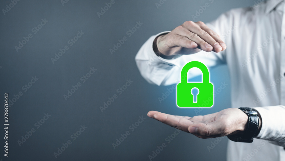 Man protect green padlock. Security concept