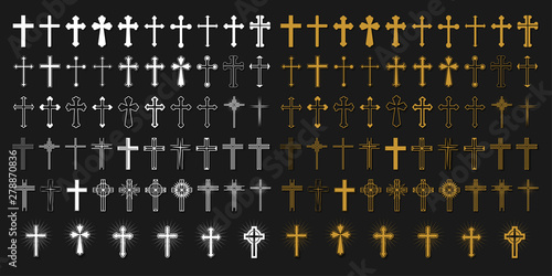 Cross icons set. Decorated crosses signs or symbols. Vector