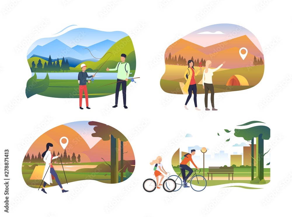 Plakat Collection of young people enjoying active leisure. Group of people finding locations, riding bicycle and fishing. Flat colorful vector illustration for promo, recreation, hiking