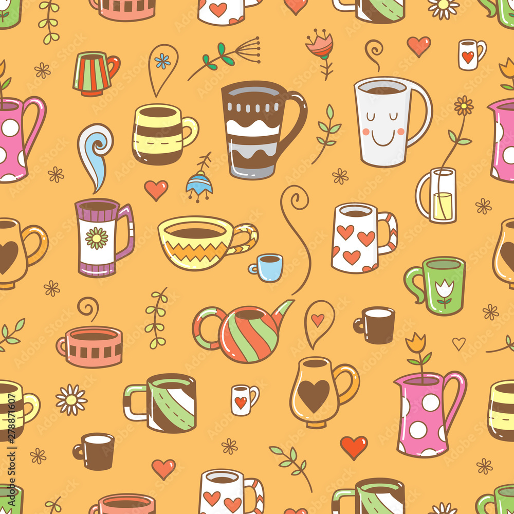 Seamless pattern with cute cartoon cups and plants on orange background. A variety of dishes. Vector contour image. 