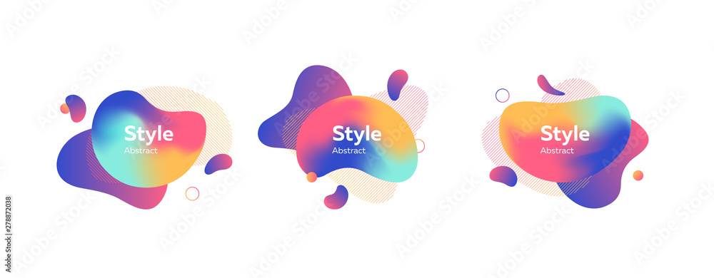 Set of colored liquid shape with splashes. Dynamical colored forms. Gradient banners with flowing liquid shapes. Template for design of logo, flyer or presentation. Vector illustration Set of colored liquid shape with splashes. Dynamical colored forms. Gradient banners with flowing liquid shapes. Template for design of logo, flyer or presentation. Vector illustration