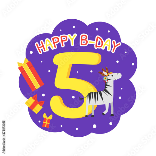 Birthday Anniversary Number and Cute Ethnic Patterned Zebra Animal, Card Template for Five Year Old Vector Illustration