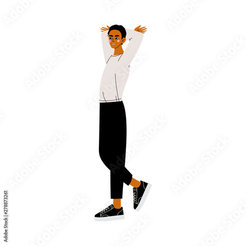 Young Blond Handsome Man in Casual Clothes Standing with Hands Behind his Head Vector Illustration