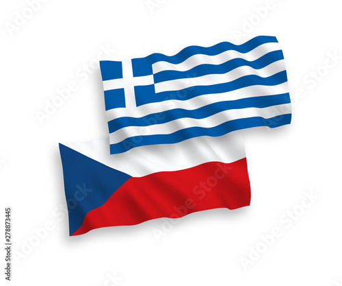 National vector fabric wave flags of Greece and Czech Republic isolated on white background. 1 to 2 proportion.