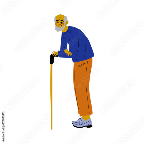 Old Senior Bearded Man Walking with Cane Vector Illustration