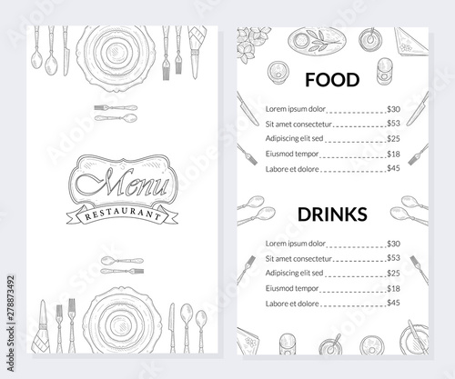 Restaurant Menu Template, Food and Drinks Brochure, Drinks List with Prices Hand Drawn Vector Illustration