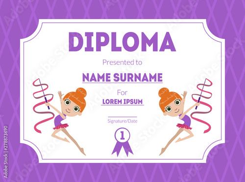 Sports Award Diploma Template, Kids Certificate with Gymnast Girl for Competition or Sports Winner Vector Illustration