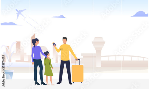 Couple with daughter standing in airport. Luggage, tickets, boarding, passengers. Family travelling concept. Vector illustration can be used for topics like vacation, trip, journey
