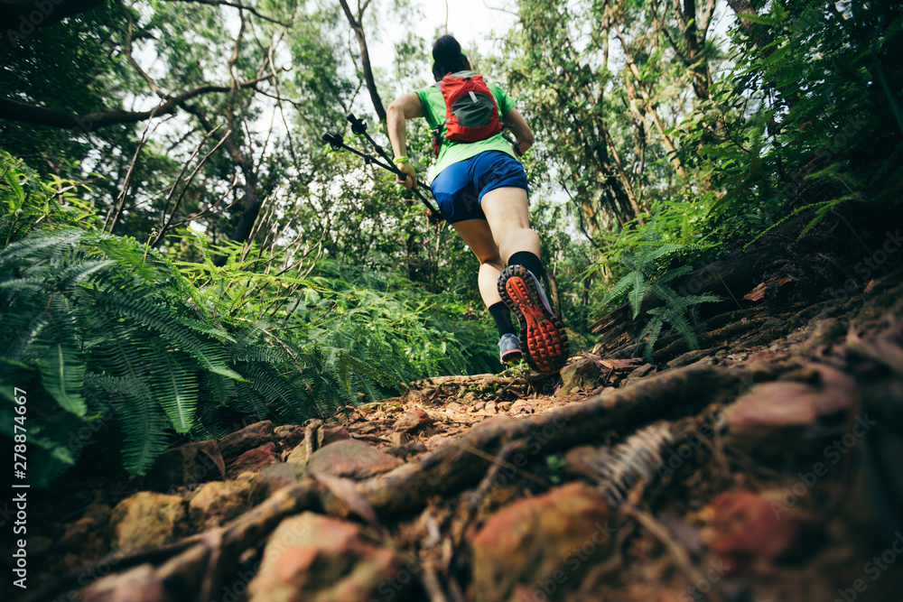Obraz premium Woman ultra marathon runner running on tropical forest trail