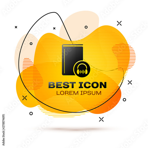 Black Audio book icon isolated on white background. Book with headphones. Audio guide sign. Online learning concept. Fluid color banner. Vector Illustration