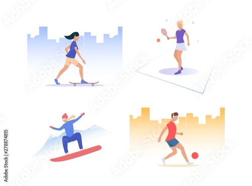 Set of people playing active sports. Group of men and women practising sport. Outdoor activities concept. Vector illustration can be used for presentation slide, new project, commercial