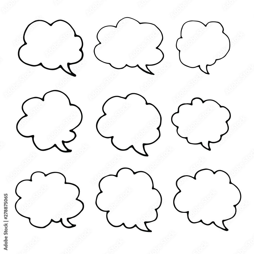 Doodle style thinking clouds set. Hand drawn speech bubbles. Sketch graphic elements. Doodle style thinking clouds set. Hand drawn speech bubbles. Sketch graphic elements.