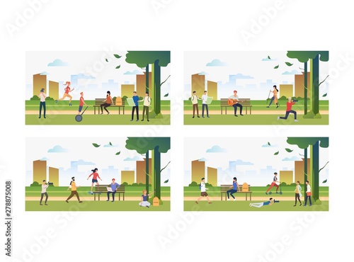 Set of people recreating outdoors. Group of men and womendoing various activities in park. Summer relax concept. Vector illustration can be used for presentation slide, new project, commercial