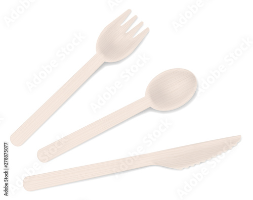 Wooden bamboo fork, spoon and knife, vector illustration. Disposable biodegradable eco cutlery set