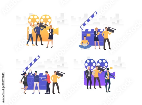 Set of people creating film. Group of moviemakers working together. Film industry concept. Vector illustration can be used for presentation slide, new project, commercial