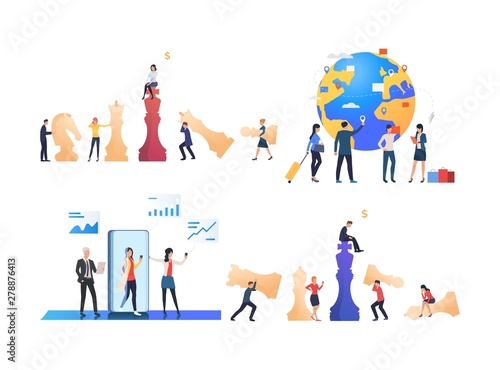 Set of entrepreneurs playing business game. Male and female cartoon characters elaborating strategies. Vector illustration for promo, poster, online class