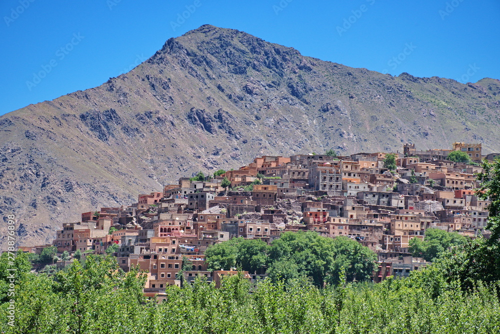Townscape of Imlil in Morocco with High Atlas mountains in the background