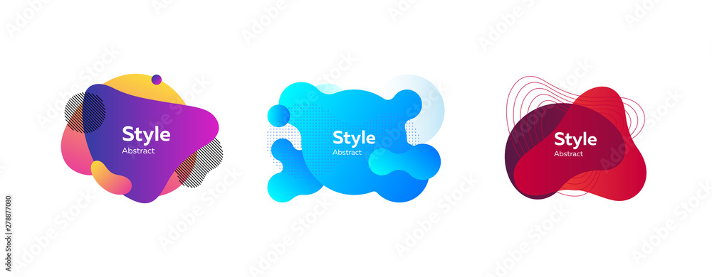 Set of abstract modern violet, blue, red graphic elements. Dynamical colored forms and lines. Gradient abstract banners with flowing liquid shapes. Template for logo, flyer, presentation