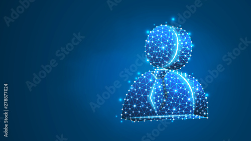 Manager, office worker profile silhouette. User portrait, employee sign, business pass concept. Abstract, digital, wireframe, low poly mesh, vector blue neon 3d illustration. Line dot