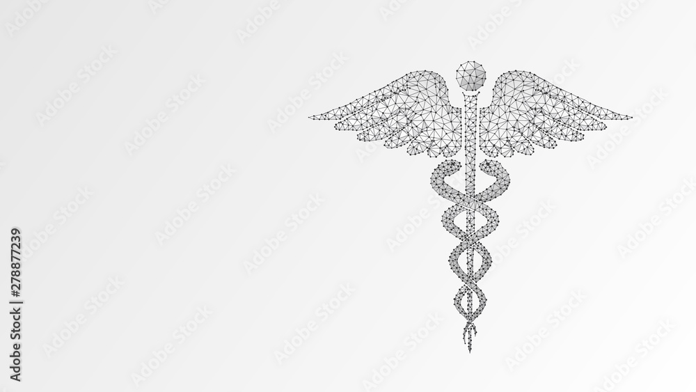 Caduceus health symbol. medical symbol, health care concept. Abstract, digital, wireframe, low poly mesh, Raster white origami 3d illustration. Triangle line dot Caduceus health symbol. medical symbol, health care concept. Abstract, digital, wireframe, low poly mesh, Raster white origami 3d illustration. Triangle line dot