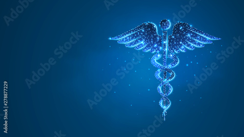 Caduceus health symbol. medical symbol, health care concept. Abstract, digital, wireframe, low poly mesh, Raster blue neon 3d illustration. Triangle line dot