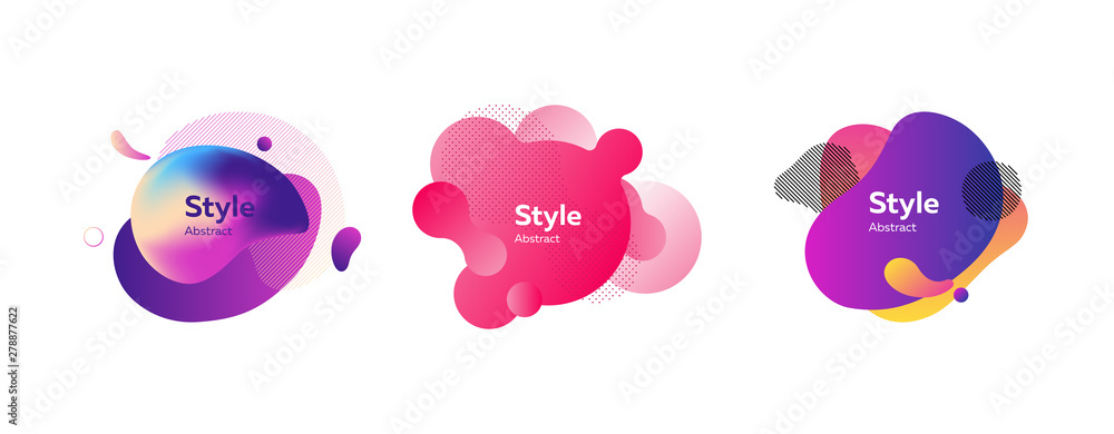 Set of abstract modern pink, yellow, violet graphic elements. Dynamical colored forms and lines. Gradient abstract banners with flowing liquid shapes. Template for logo, flyer, presentation Set of abstract modern pink, yellow, violet graphic elements. Dynamical colored forms and lines. Gradient abstract banners with flowing liquid shapes. Template for logo, flyer, presentation