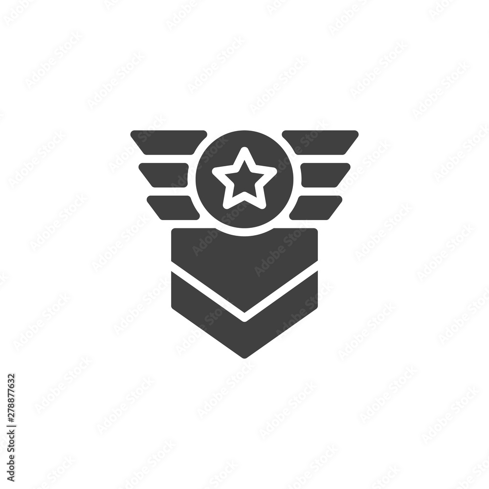 Pilot rank vector icon. Military badge filled flat sign for mobile concept and web design. Officer rank star glyph icon. Force emblem symbol, logo illustration. Vector graphics Pilot rank vector icon. Military badge filled flat sign for mobile concept and web design. Officer rank star glyph icon. Force emblem symbol, logo illustration. Vector graphics