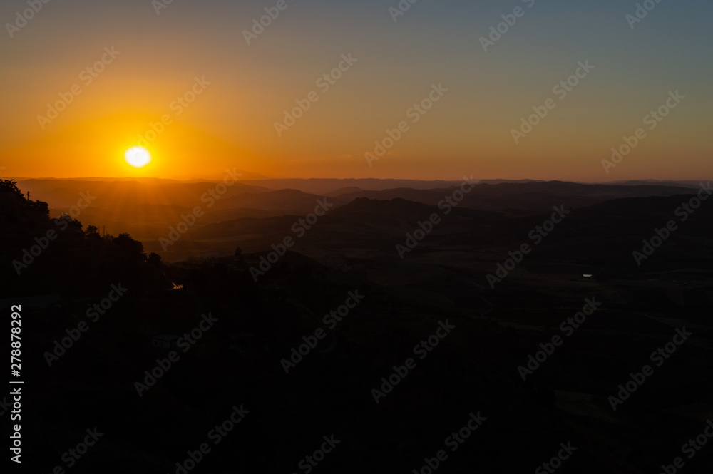 Wonderful Silhouette Sunset over the Sicilian Hills, Mazzarino, Caltanissetta, Sicily, Italy, Europe