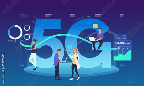 Employees with laptops using 5G internet. Communication, fifth generation, discussion. Technology concept. Vector illustration can be used for topics like wireless connection network, interacting