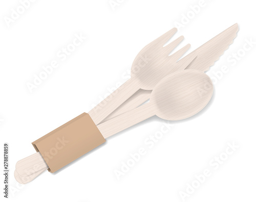 Wooden bamboo fork, spoon and knife in kraft packaging, vector illustration. Disposable biodegradable eco cutlery set, template for design
