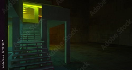 Abstract architectural concrete and white interior of a minimalist house with color gradient neon lighting. 3D illustration and rendering.