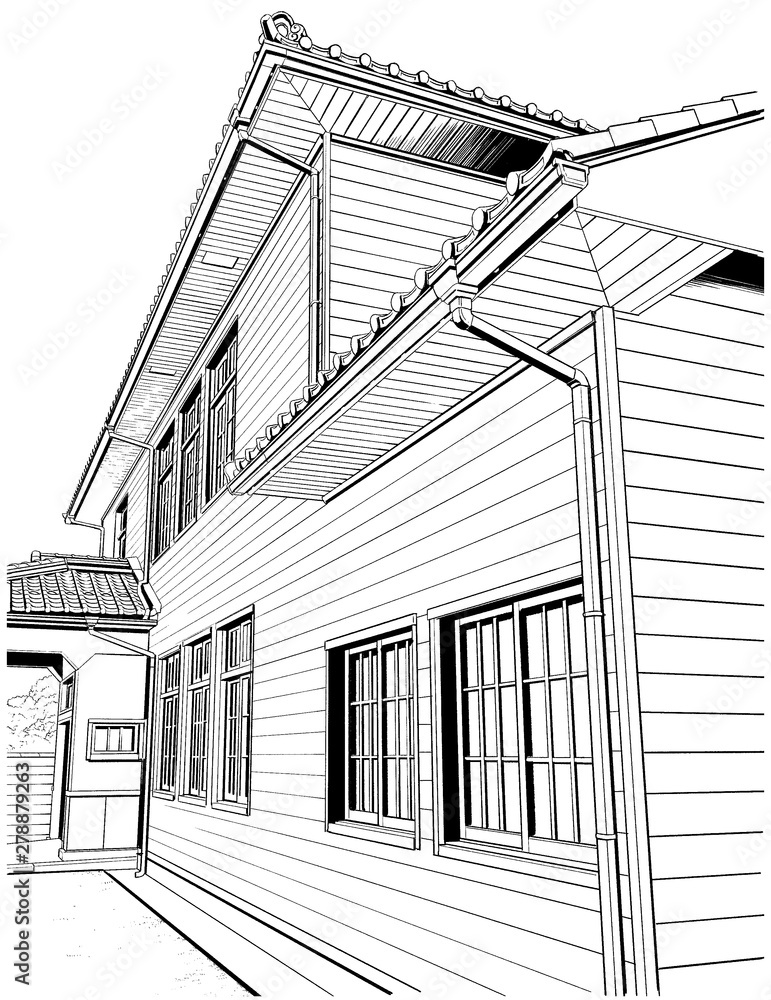 漫画風ペン画イラスト 明治大正風建物 Stock Illustration Adobe Stock