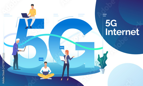 Professionals using fifth generation network. 5G internet, telecommunication, interacting. Technology concept. Vector illustration can be used for topics like web design, presentation slides, posters