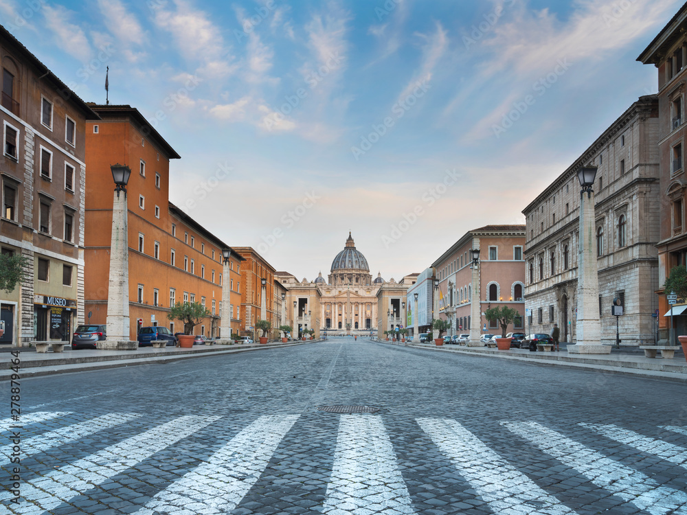 wide angle view through pedestrian to Cathedral of Saint Peter in Rome