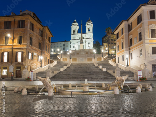 wide angle view to fountain and spanish stair in night time without anybody in Rome in Italy