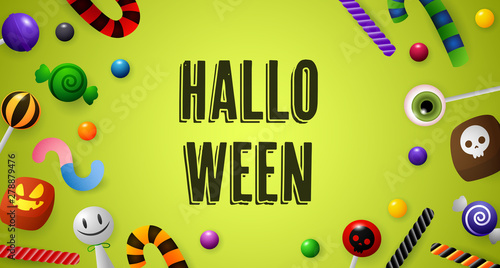 Halloween lettering with confectionery. Invitation or advertising design. Typed text, calligraphy. For leaflets, brochures, invitations, posters or banners.