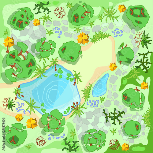 Site improvement  Landscape and tourist camp in the forest. (Top view) Pond, stones, trees, plants,  lake, beach. (View from above). Terrain design. Vector illustration. 