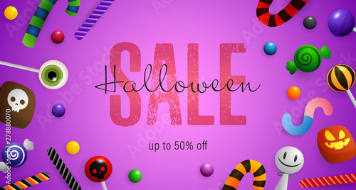 Halloween Sale lettering with candy canes and lollipops. Invitation or advertising design. Typed text, calligraphy. For leaflets, brochures, invitations, posters or banners.