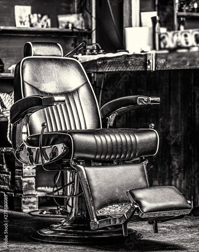 Barbershop armchair, modern hairdresser and hair salon, barber shop for men. Stylish vintage barber chair. Professional hairstylist in barbershop interior. Barber shop chair