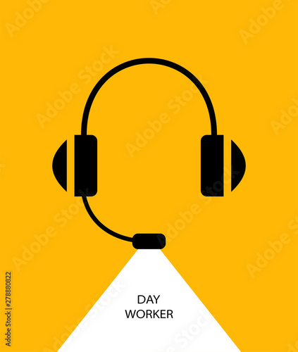 Daytime worker. Flat linear design. Monaural stereo headphones with headset. Headphones with a microphone. Background - Vector.