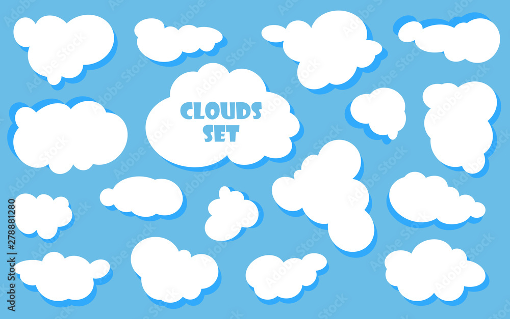 Cartoon Blue sky with clouds on the shiny day. Silhouette of white fluffy clouds isolated on blue background. Vector set  