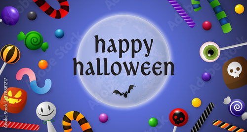 Happy Halloween lettering with candies and lollipops. Invitation or advertising design. Typed text, calligraphy. For leaflets, brochures, invitations, posters or banners.